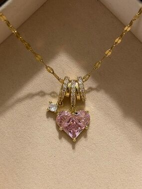 Golden Pink Heart Zirconia Stainless Steel Stamped Necklace Chain